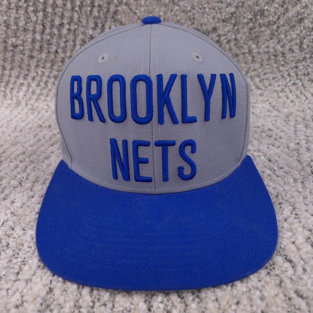 Brooklyn Nets Hat Mens Snapback Mitchell Ness Spellout Gray Blue Baseball Cap